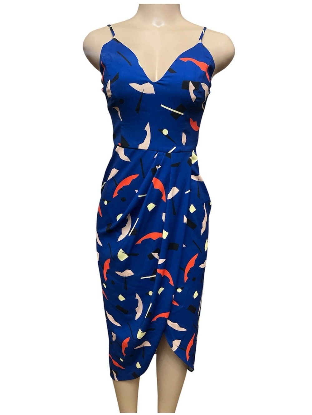Shona Joy Navy Abstract Midi Slip Dress with Coral & Cream Accents - Picture 3 of 7